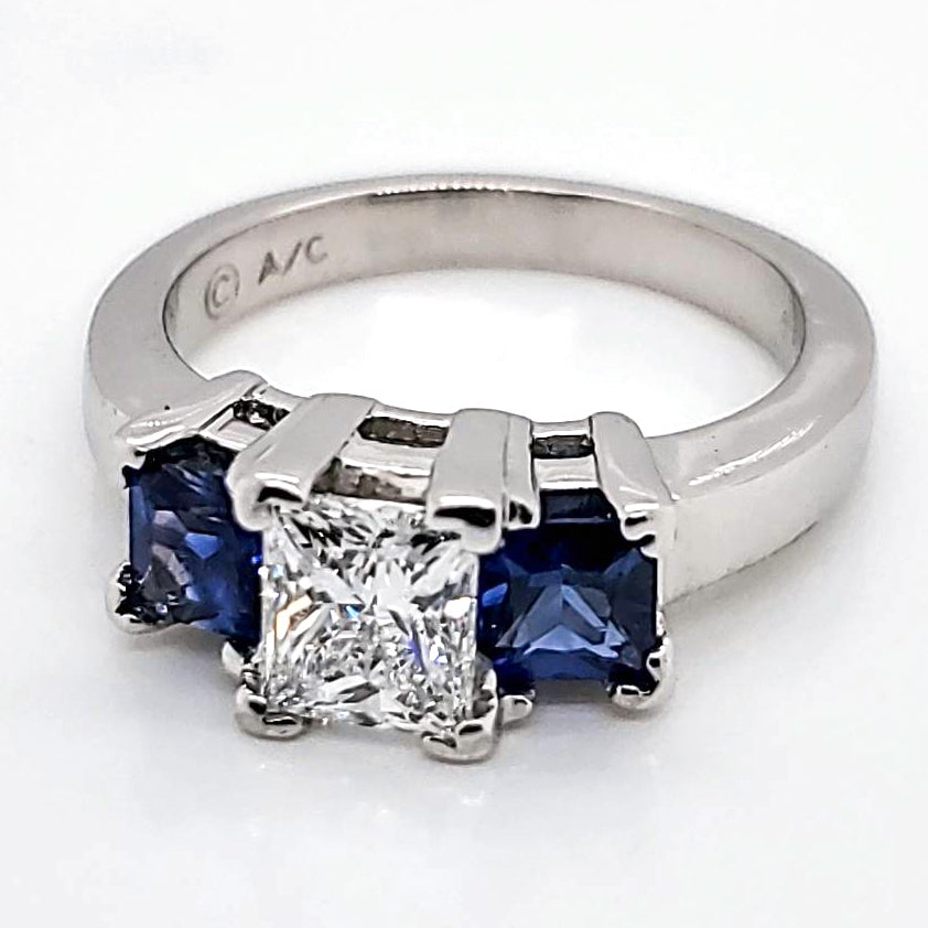 Platinum .94 Carat Princess Cut Diamond and Sapphire Engagement Ring