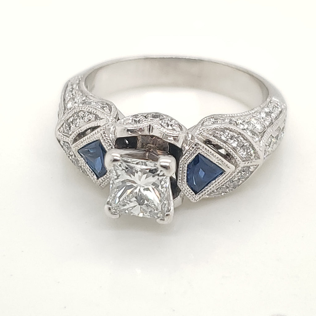 14kt White Gold .71 Princess Cut Diamond and Sapphire Engagement Ring