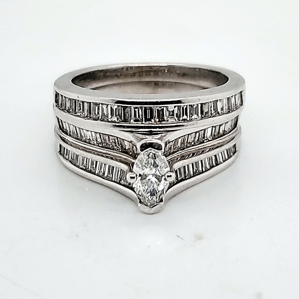 14kt White Gold Marquise and Baguette Diamond Wedding set