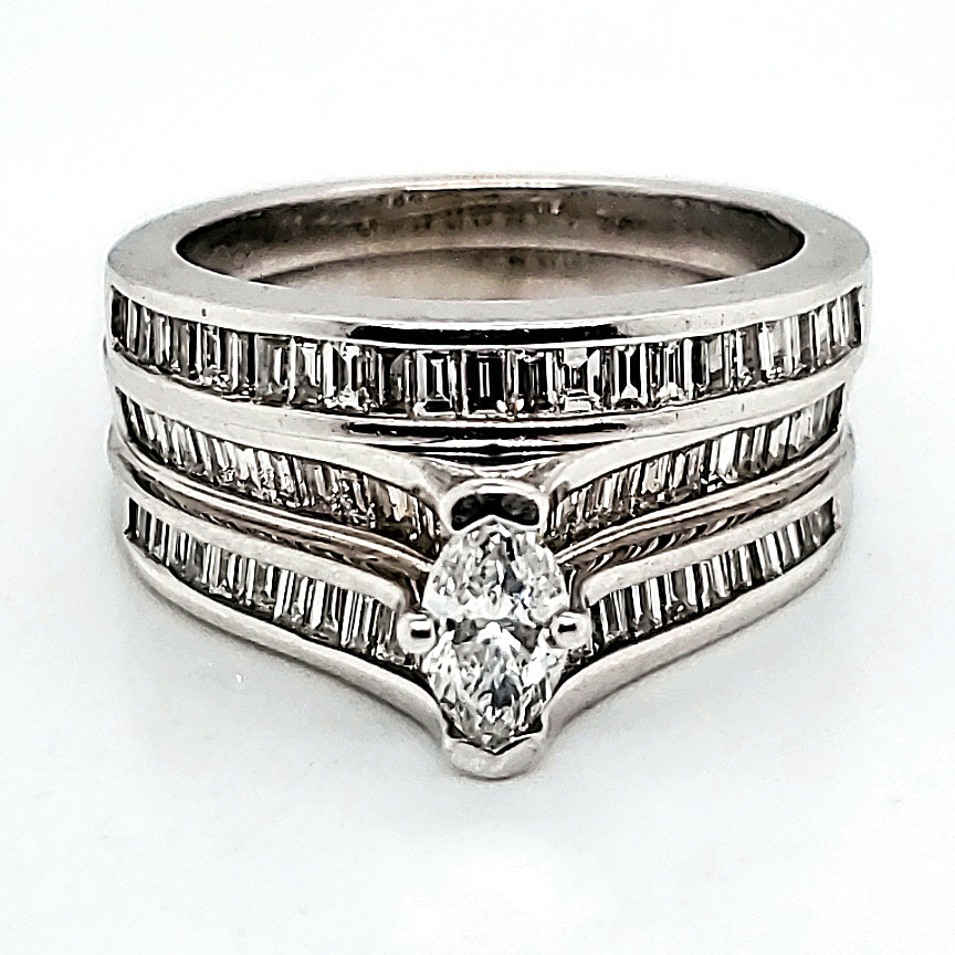 14kt White Gold Marquise and Baguette Diamond Wedding set