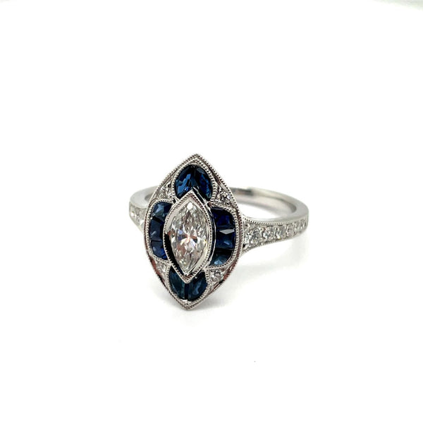18kt White Gold 0.47Ct Marquise Diamond And Sapphire Art Deco Style Ring