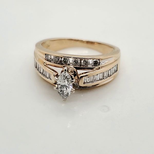 14Kt Yellow Gold Marquise Round And Baguette Diamond Engagement Ring