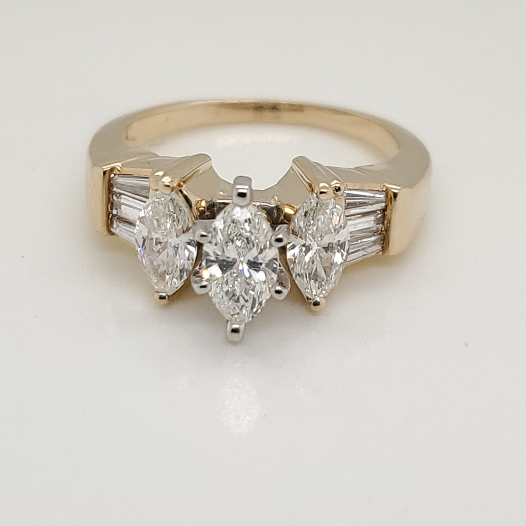 14Kt Yellow Gold Marquise Round And Baguette Diamond Engagement Ring