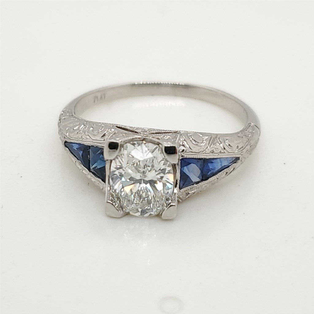 Platinum 1.07 Carat Oval Cut Diamond Engagement Ring with Sapphires