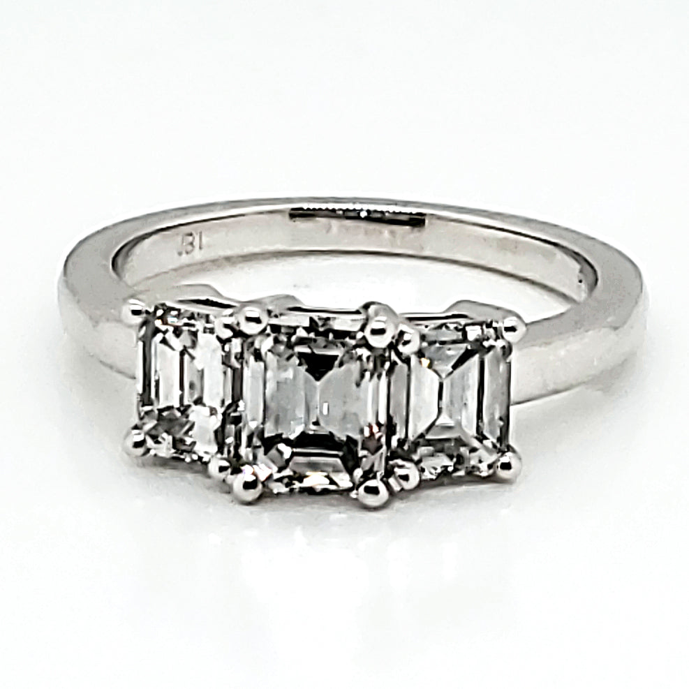 Platinum 2.11 Carats Total Weight Three Emerald Cut Diamonds Engagement Ring