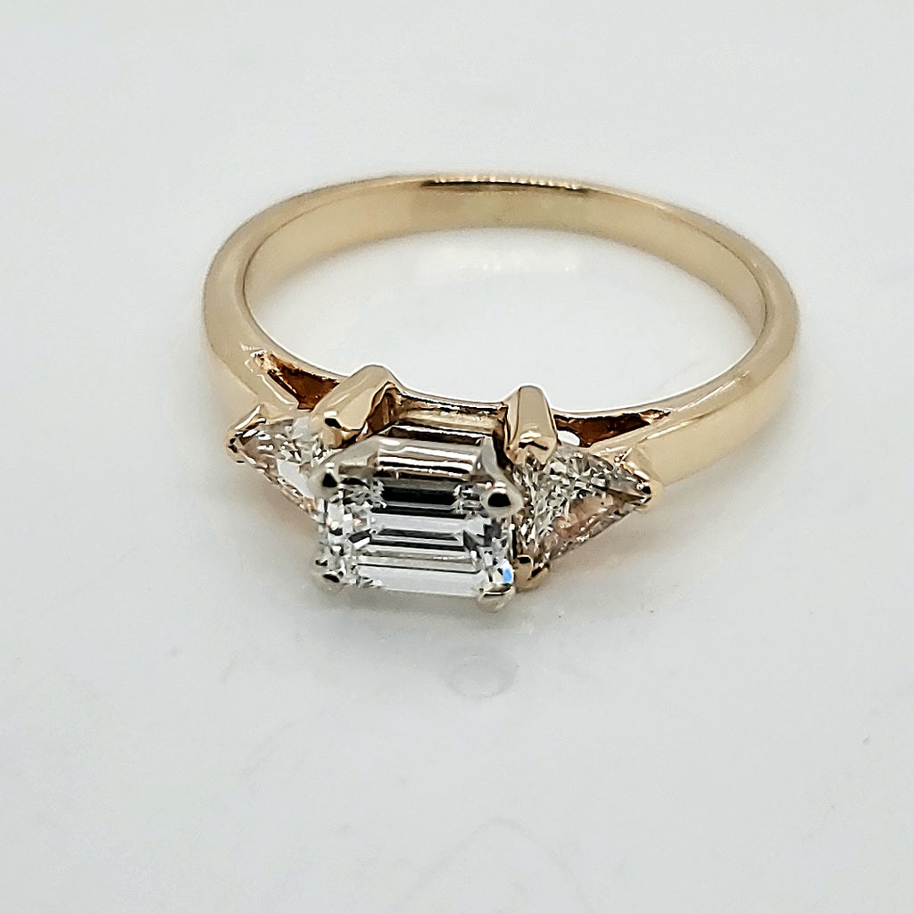 14kt Yellow Gold emerald and Trillion Cut Diamond Engagement ring