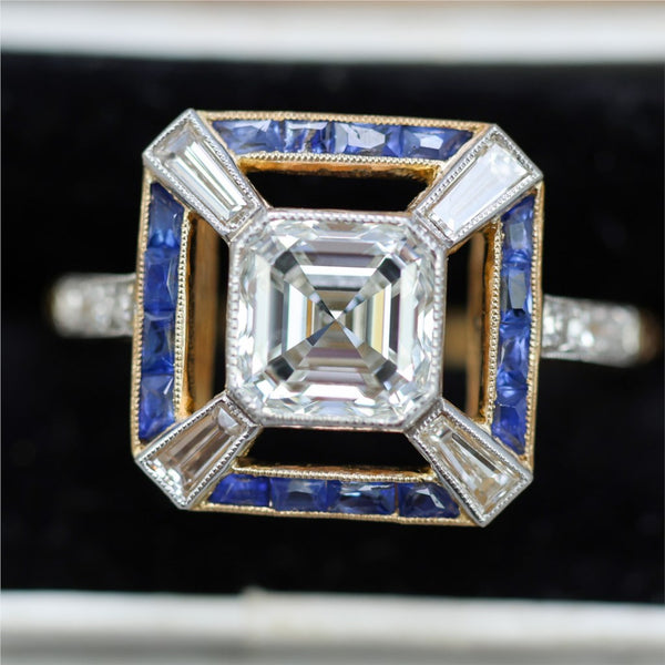 18kt Yellow Gold 1.75 Carat Asscher Cut Diamond and Sapphire Ring