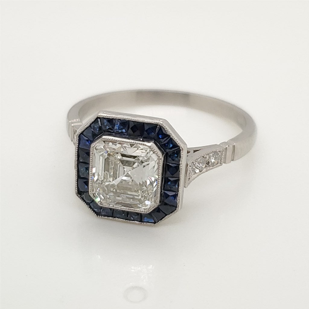 Platinum Art Deco Style 1.51 Carat Asher Cut Diamond and Sapphire Engagement Ring
