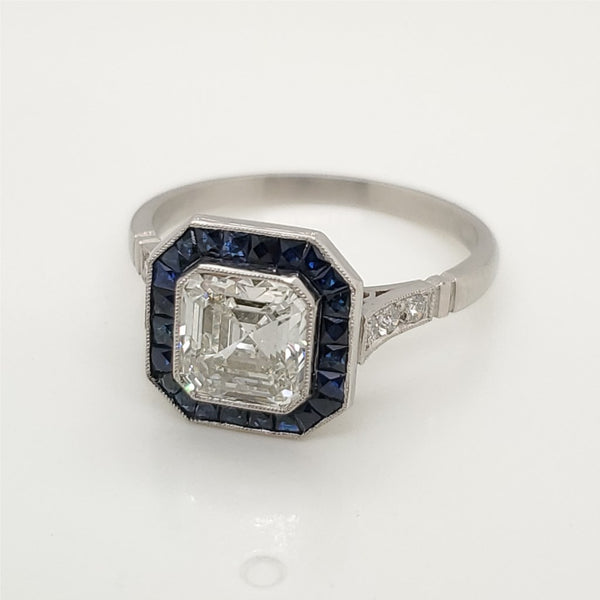 Platinum Art Deco Style 1.51 Carat Asher Cut Diamond and Sapphire Engagement Ring