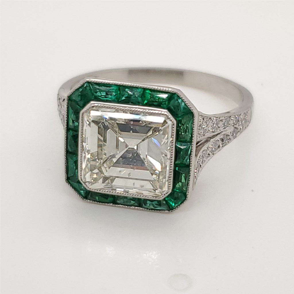 Modern Art Deco Style 2.96 Carat Emerald Cut Diamond and Emerald Ring