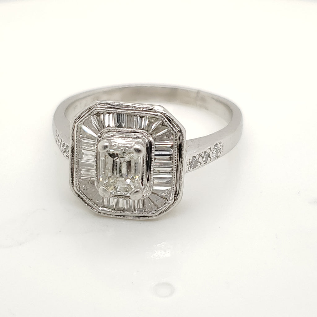 Platinum  Emerald Round and Baguette Cut Diamond Engagement Ring