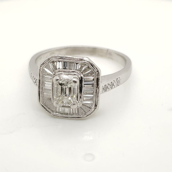 Platinum  Emerald Round and Baguette Cut Diamond Engagement Ring
