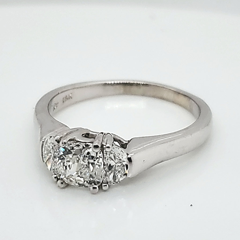 18kt White gold .92 Carat Cushion Cut and .50 Carat Total  Weight Half Moon Diamond Engagement Ring