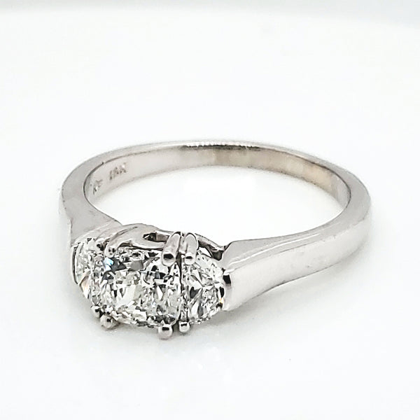 18kt White gold .92 Carat Cushion Cut and .50 Carat Total  Weight Half Moon Diamond Engagement Ring