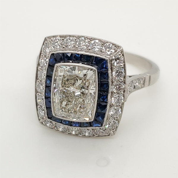 Platinum 1.51 Carat Cushion Cut Diamond and Sapphire Engagement Ring