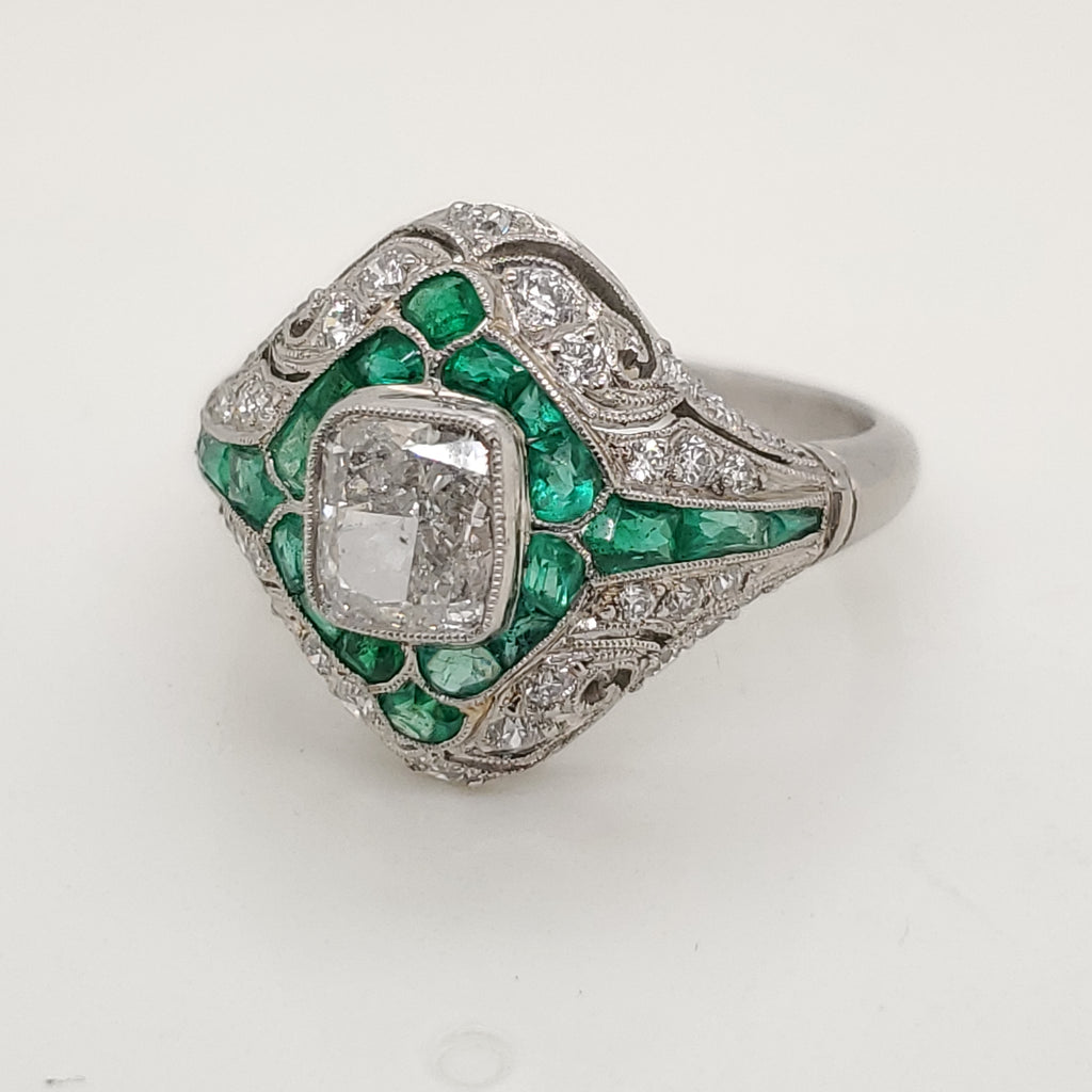 Platinum 1.10 Carat Cushion Cut Diamond and Emerald Ring