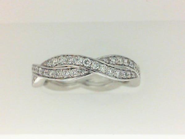 14kt white gold diamond crossover wedding band.