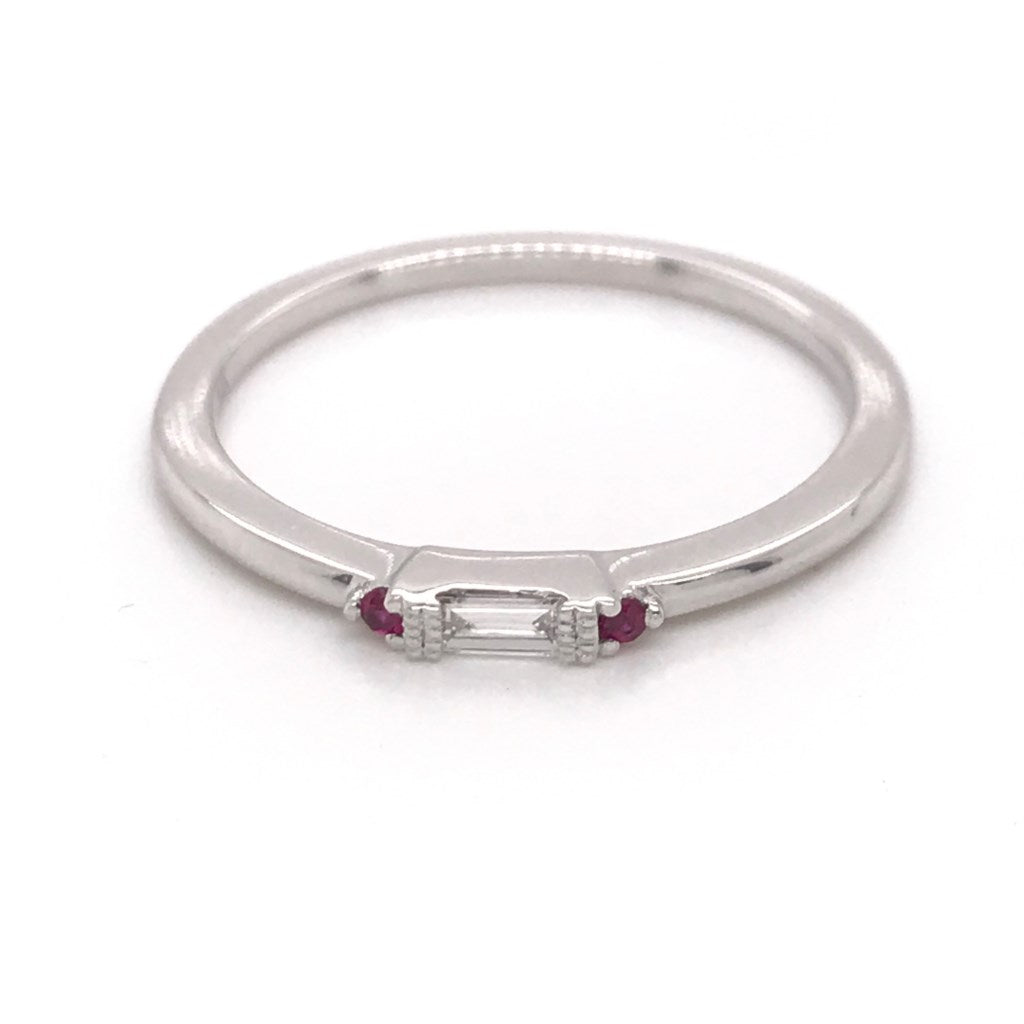 White Gold Baguette Diamond and Ruby Band