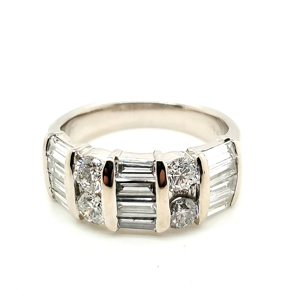 14kt white gold round and baguette cut diamond band