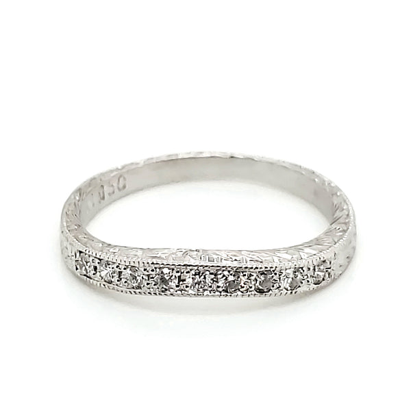 platinum engraved curved diamond wedding band