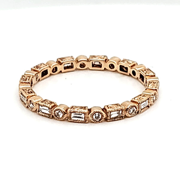 14kt rose gold Art Deco style stackable round and baguette eternity wedding band