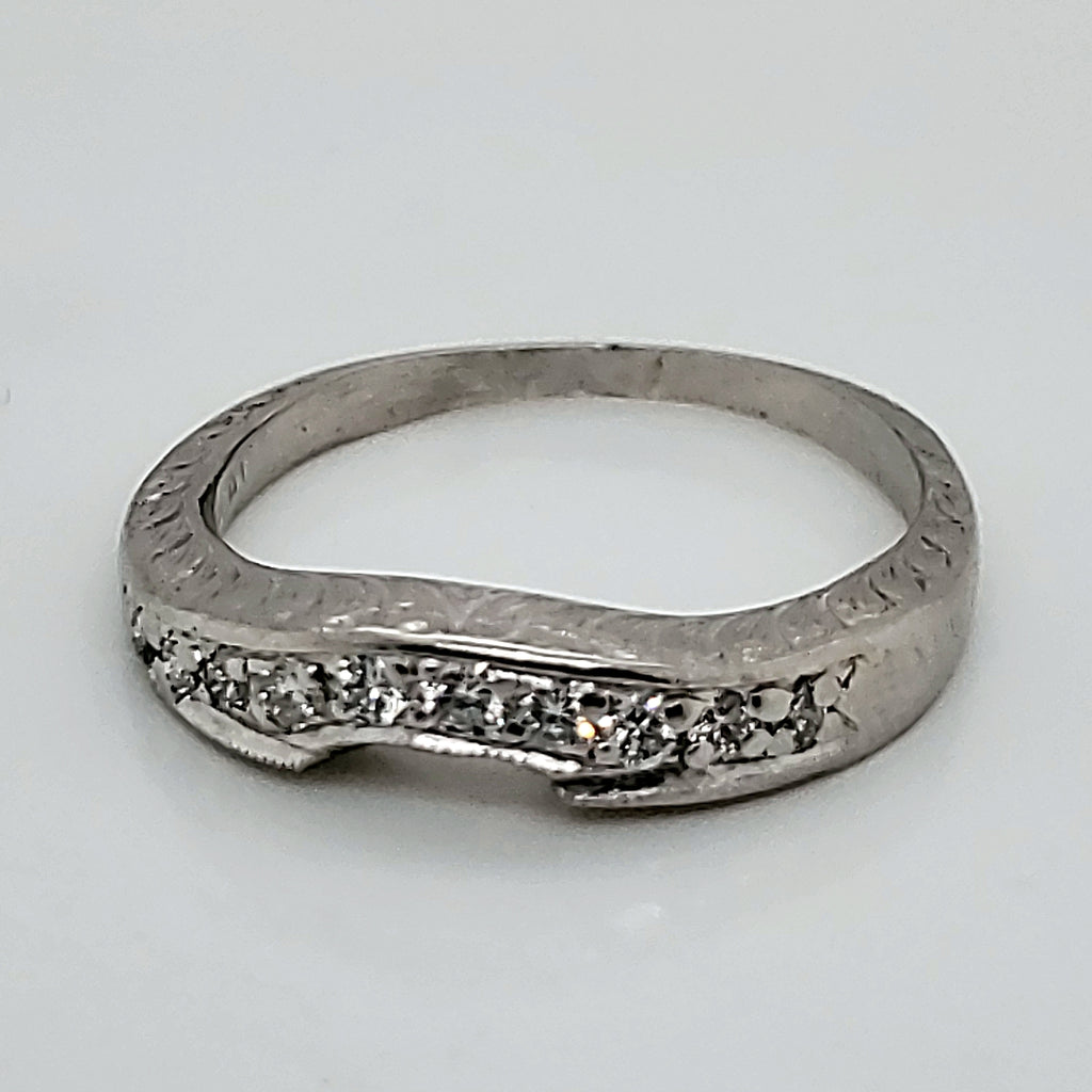 Engraved Platinum Contoured Diamond Wedding Band