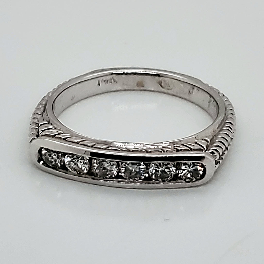 14kt White Gold Engraved Diamond Wedding Band
