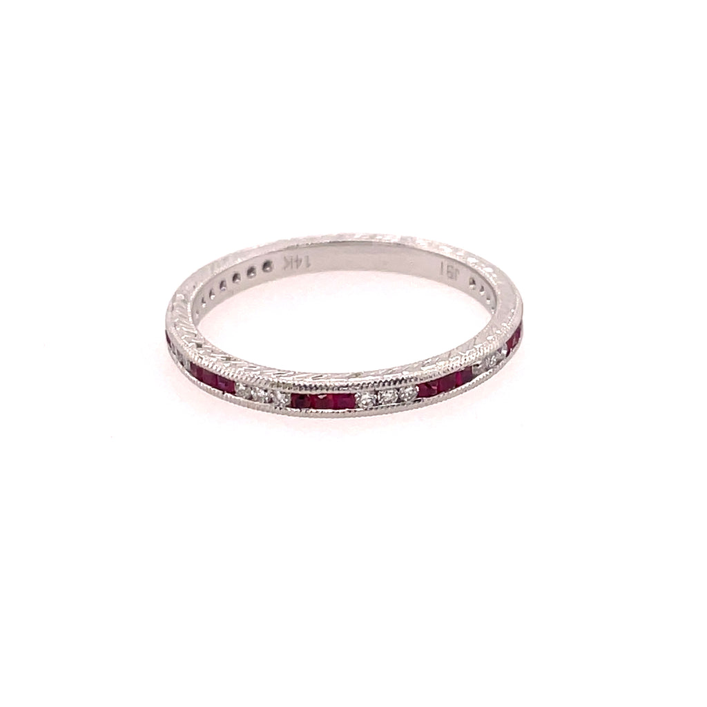 14kt White Gold Ruby And Diamond Stackable Wedding Band