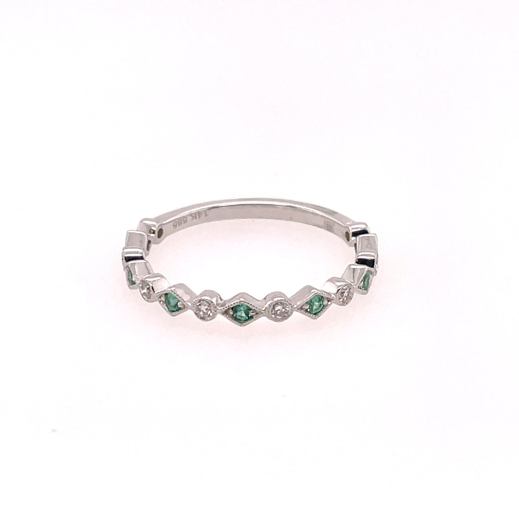 14kt White Gold Emerald And Diamond Stackable Band