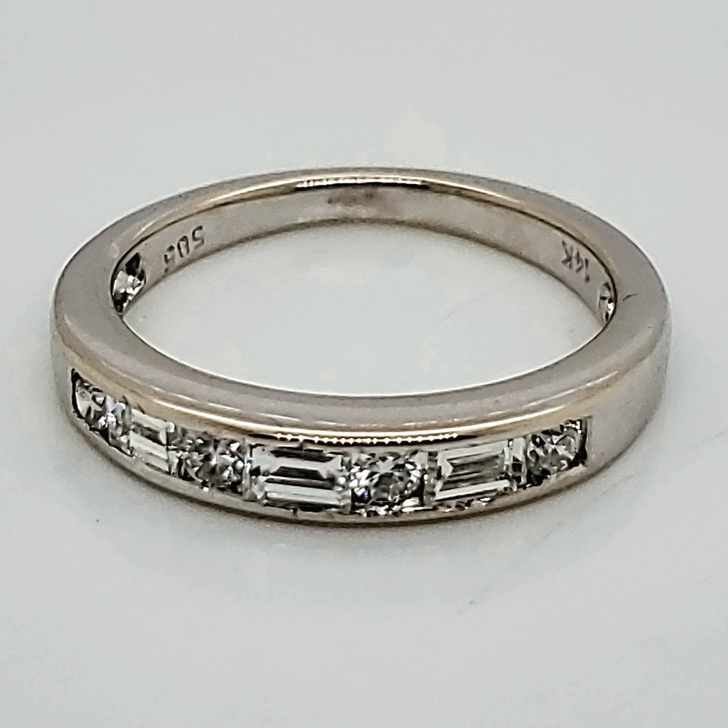 14kt white gold Round and Baguette Diamond Wedding Band