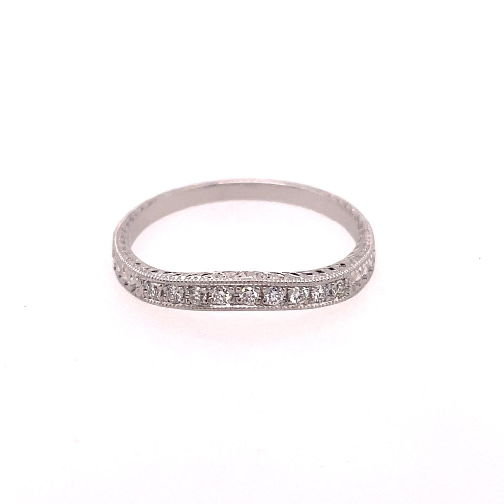 18kt White Gold Engraved Curved Diamond Wedding Band