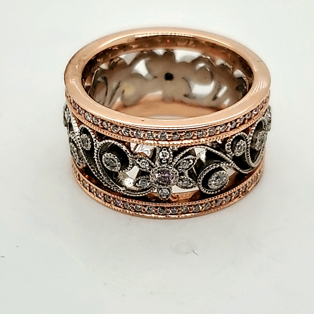 14Kt White And Rose Gold 11Mm Wide Open Work White and Pink Diamond Band