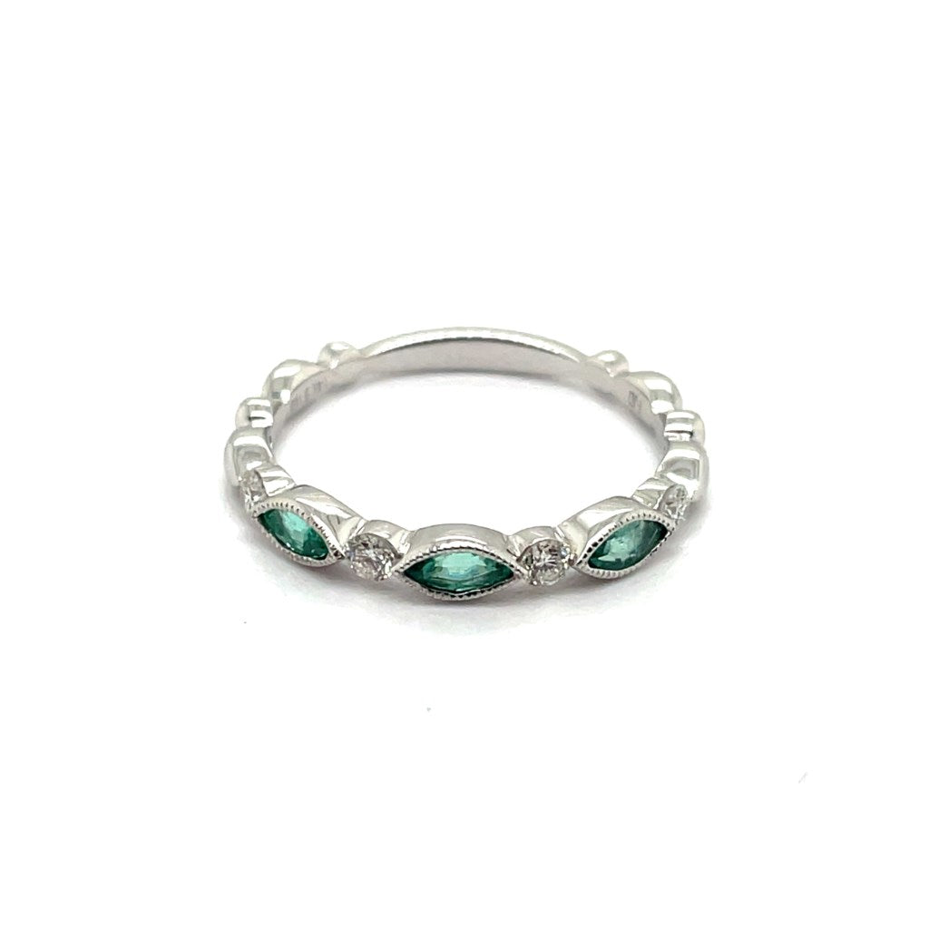 14kt White Gold Diamond And Emerald Stackable Band