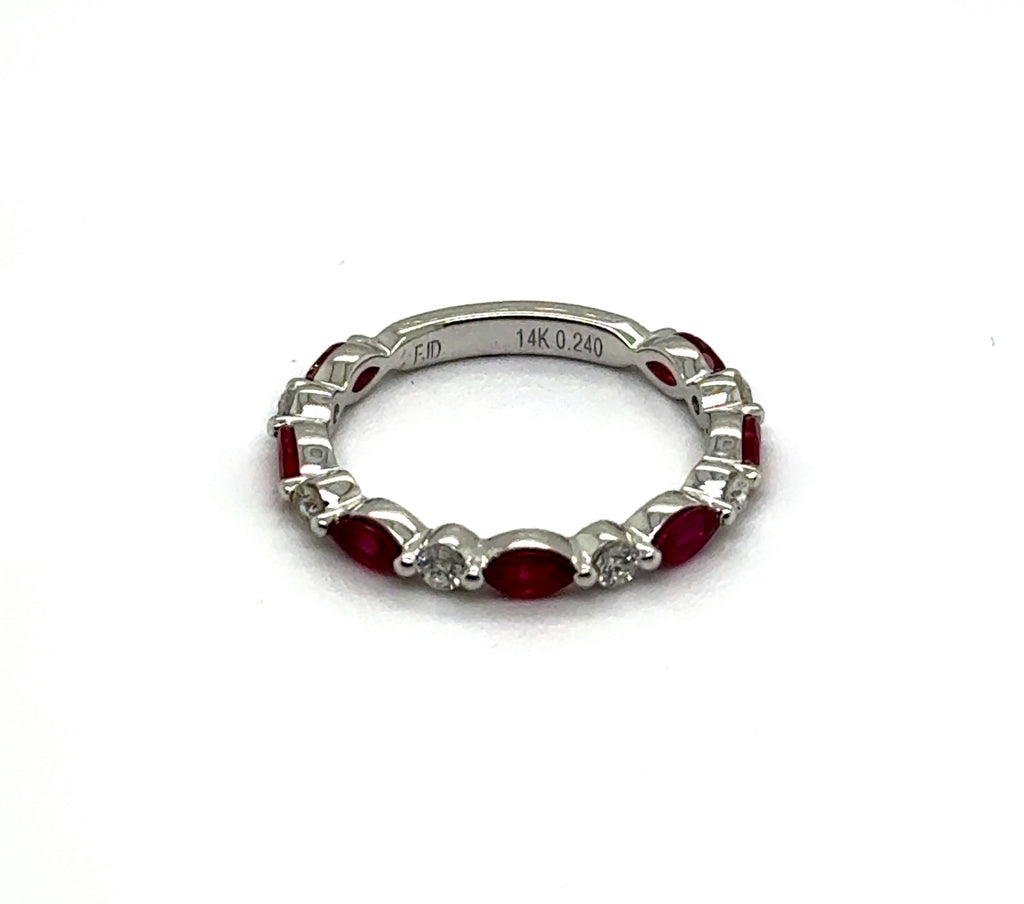 14kt White Gold Alternating Ruby And Diamond Stackable Wedding Band