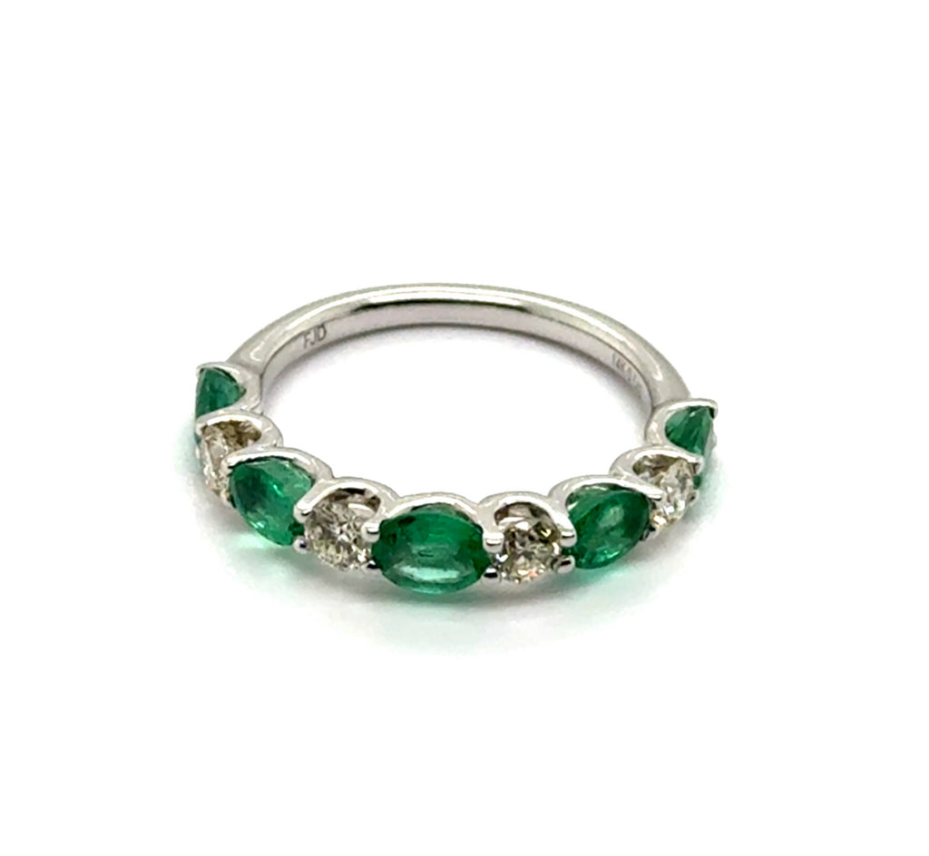 14kt White Gold Oval Green Emerald And Diamond Stackable Wedding Band