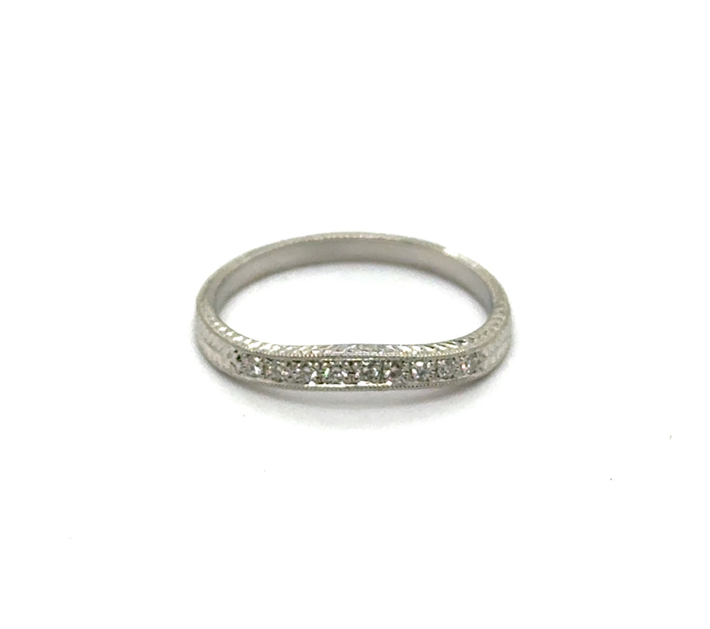 Platinum Engraved Curved Diamond Wedding Band