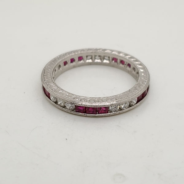 Platinum Engraved Ruby and Diamond Eternity Band