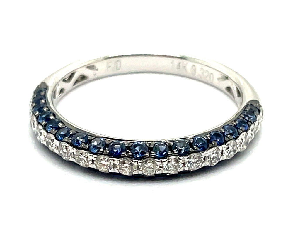 14kt White Gold Three Sided Sapphire And Diamond Stackable Band