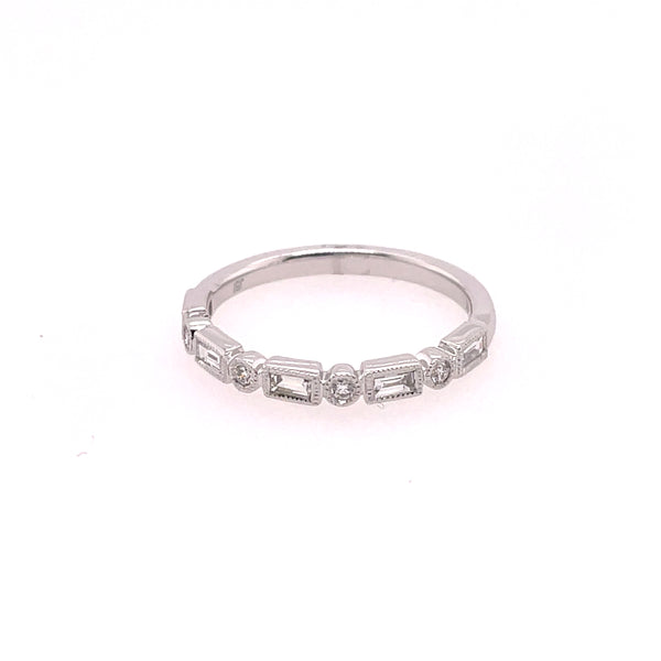 14Kt White Gold Baguette and Round Diamond Milgrain Stackable Wedding Band