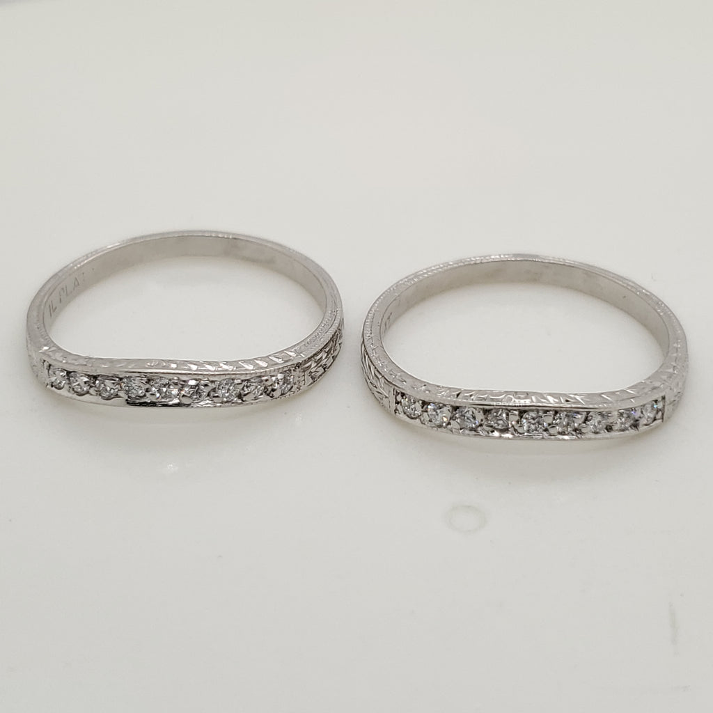 Set of Two Platinum Engraved Curved Wedding Bands