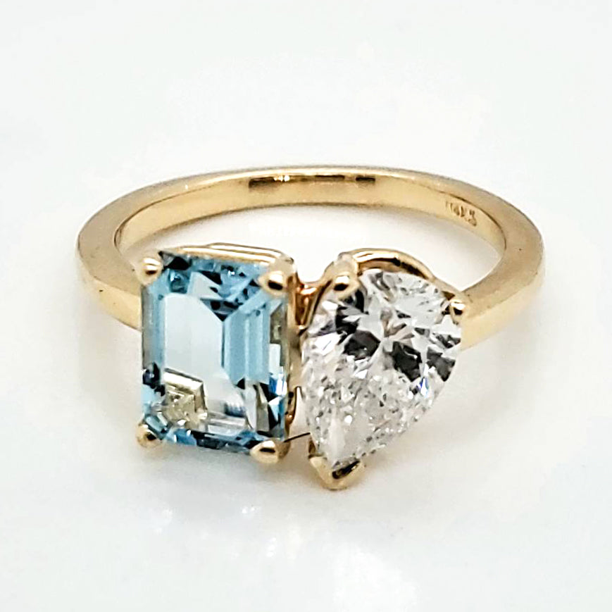 14kt Yellow Gold Diamond and Aquamarine Toi et Moi Ring