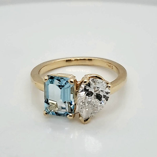 14kt Yellow Gold Diamond and Aquamarine Toi et Moi Ring
