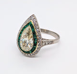 2.01ct Pear Shaped Diamond Dual Halo Style Vintage Ring in Platinum and 14K Yellow Gold