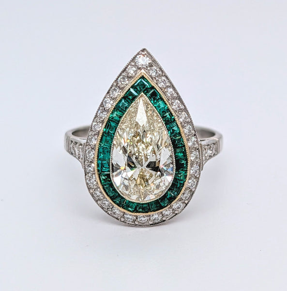 2.01ct Pear Shaped Diamond Dual Halo Style Vintage Ring in Platinum and 14K Yellow Gold