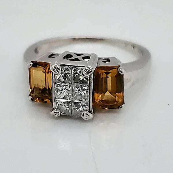 14kt White Gold Princess Cut Diamond and Citrine Ring