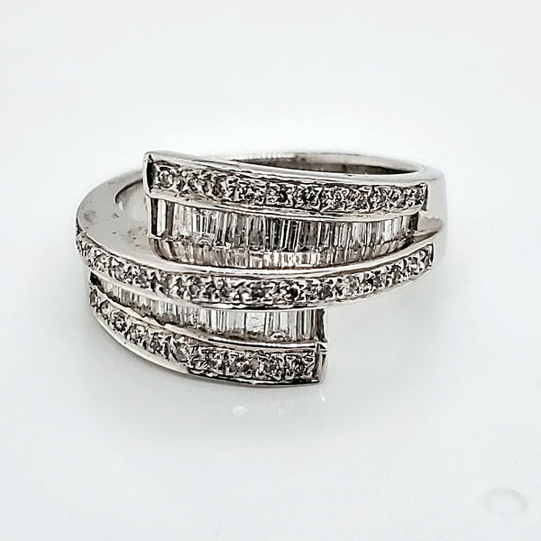 18kt White Gold Round and Baguette Cut Diamond Bypass Design Ring
