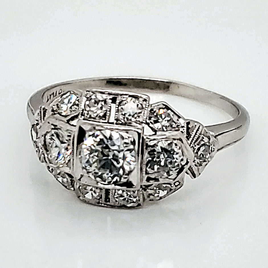 Late Art Deco 14kt White Gold European And Baguette Cut Diamond Ring