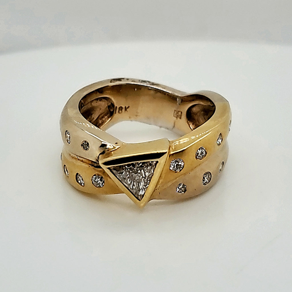 18kt Yellow and White Gold Trillion and Round Diamond Ring