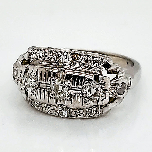 Late Art Deco 14kt White Gold Mine Cut Diamond Ring