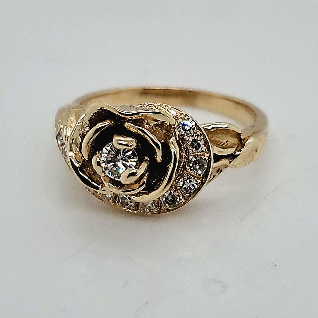 Vintage 14kt Yellow Gold and Diamond Rose Ring